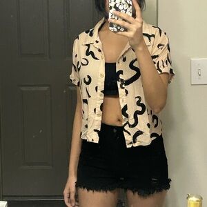 Beige Abstract Print Short Sleeve Button-Up Top